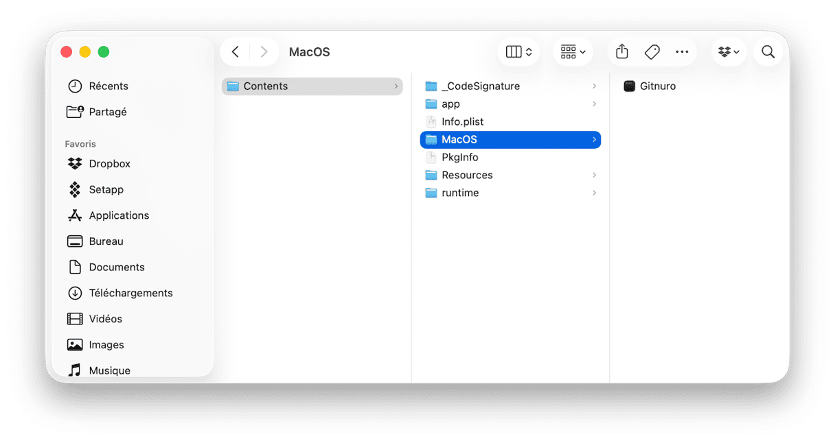 Dans la fen&ecirc;tre du Finder o&ugrave; appara&icirc;t votre application, faites un clic droit sur le binaire de l'app et choisissez l'option Afficher le contenu du paquet