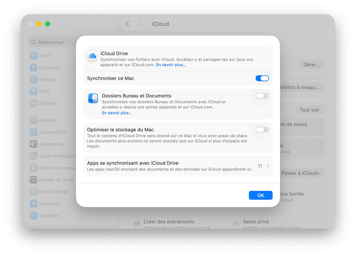 D&eacute;sactivez la synchronisation des dossiers Bureau et Documents dans iCloud