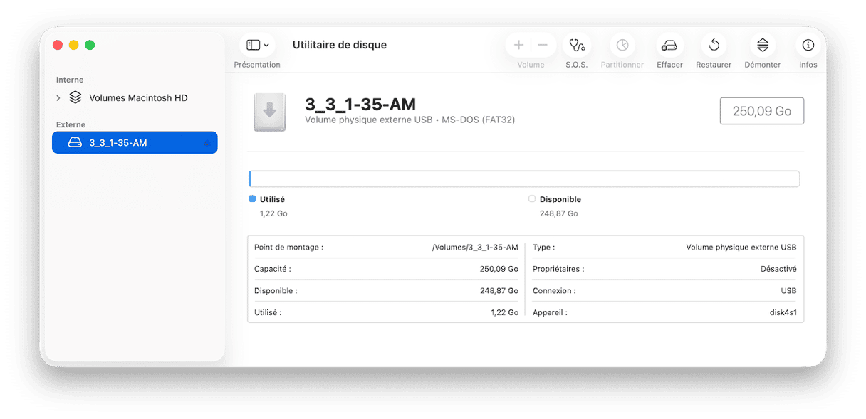 Ouvrez l'Utilitaire de disque (Finder > Applications > Utilitaires)