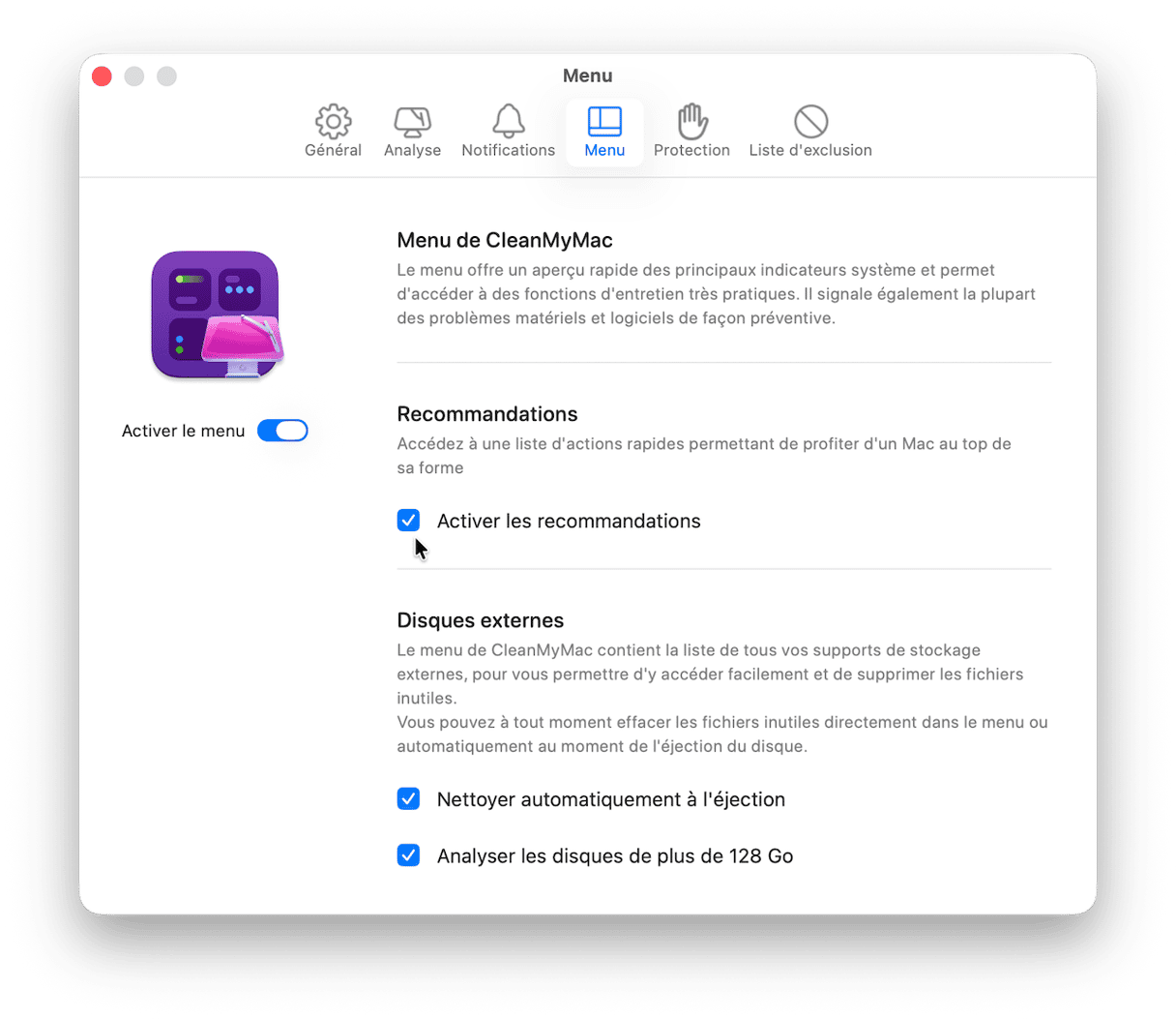 Si vous ne voyez pas cette ic&ocirc;ne dans la barre des menus, ouvrez CleanMyMac et rendez-vous dans R&eacute;glages > Menu pour l'activer