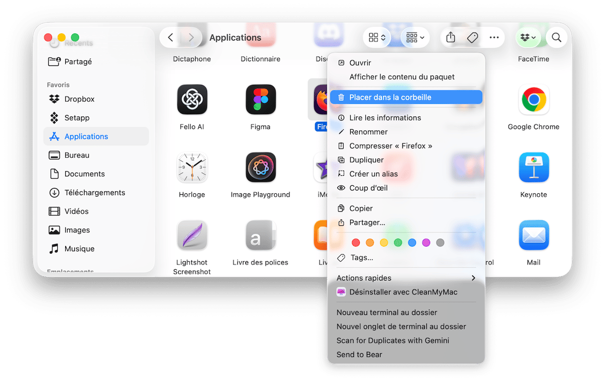 Rendez-vous dans votre dossier Applications, localisez Firefox et mettez l'application &agrave; la corbeille