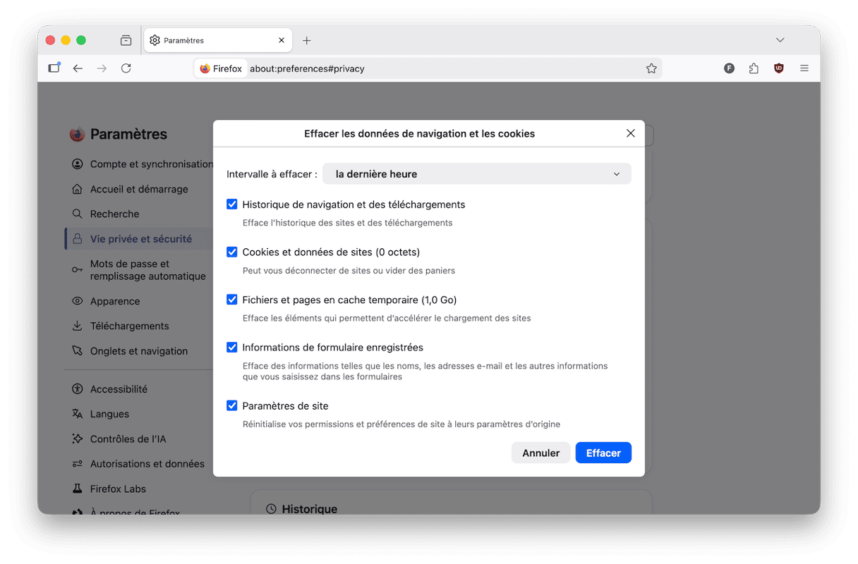 Cochez les cases correspondant aux donn&eacute;es que vous voulez effacer