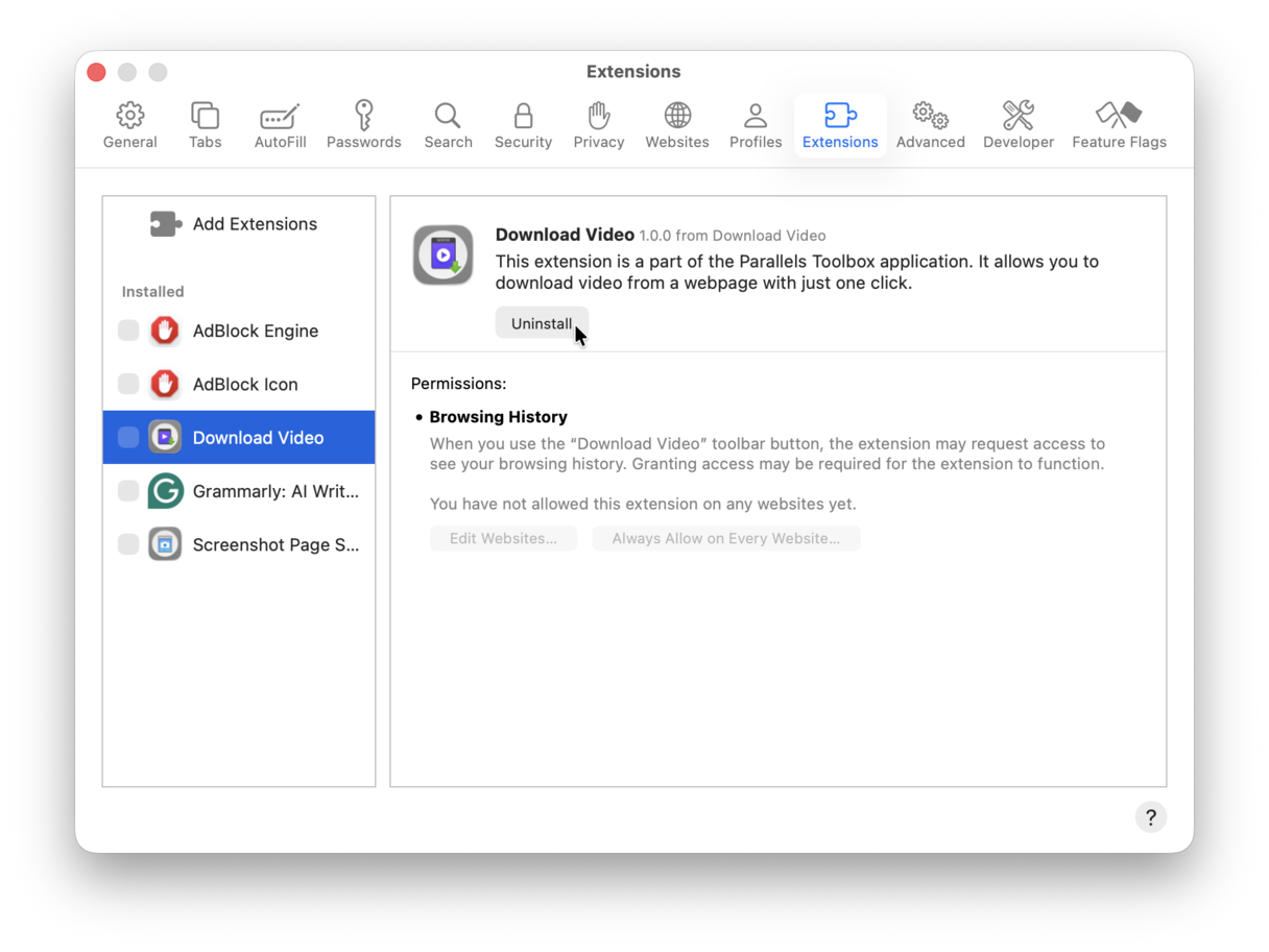 Remove extensions from Safari