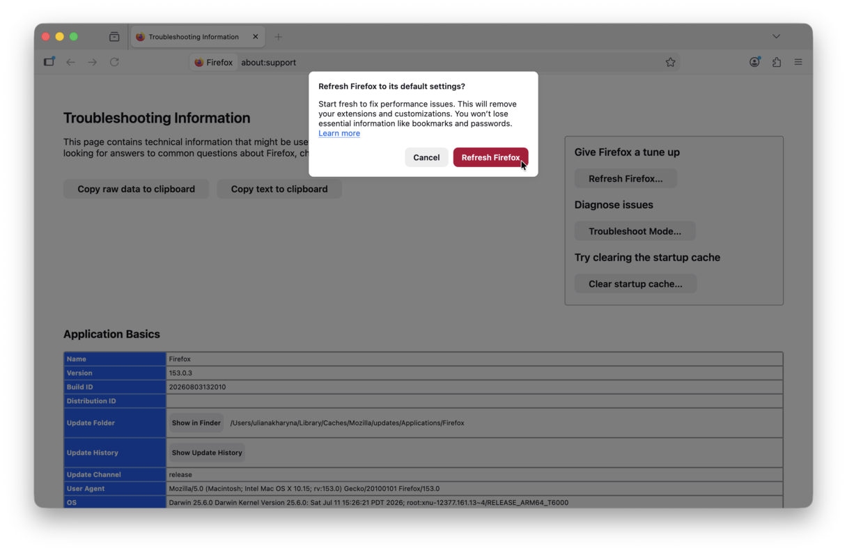 How to reset Firefox on Mac