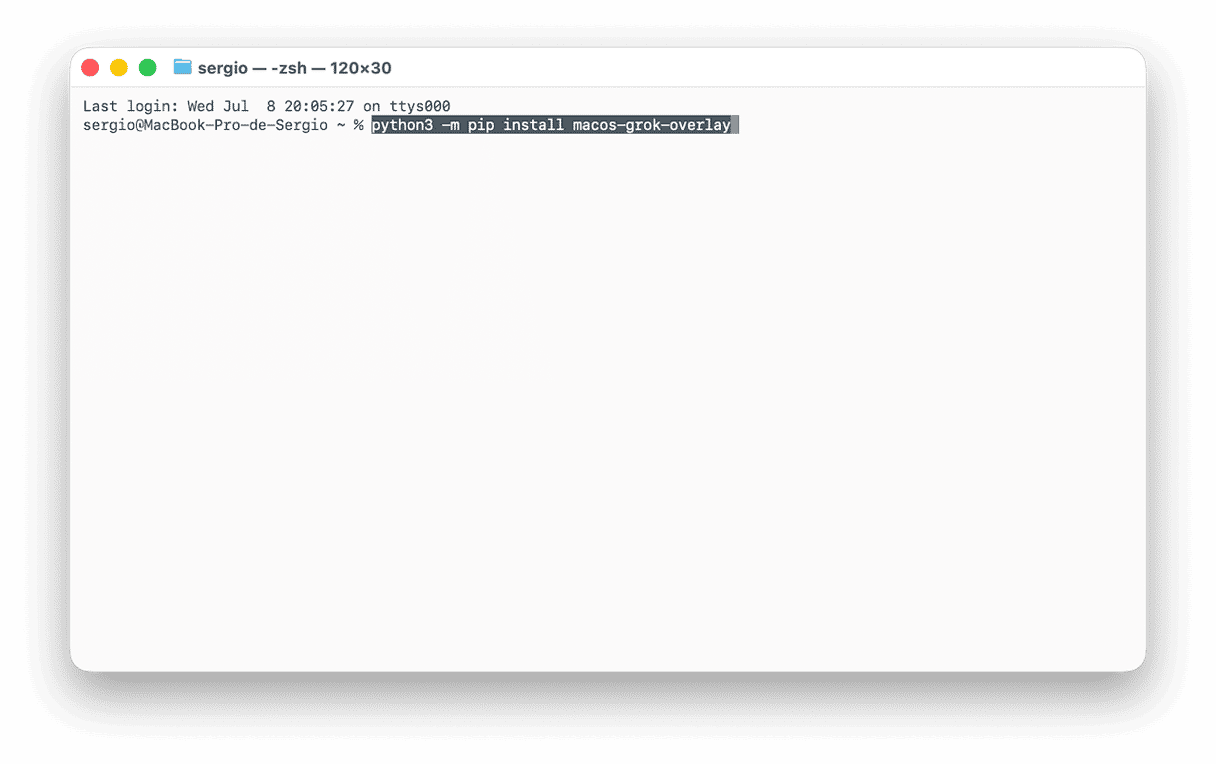 Abre Terminal y pega este comando y pulsa Intro: python3 -m pip install macos-grok-overlay