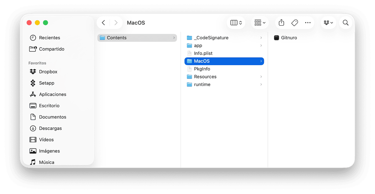 En la ventana del Finder donde est&aacute; la aplicaci&oacute;n, haz clic con el bot&oacute;n derecho en el archivo binario de la app y selecciona Mostrar contenido del paquete