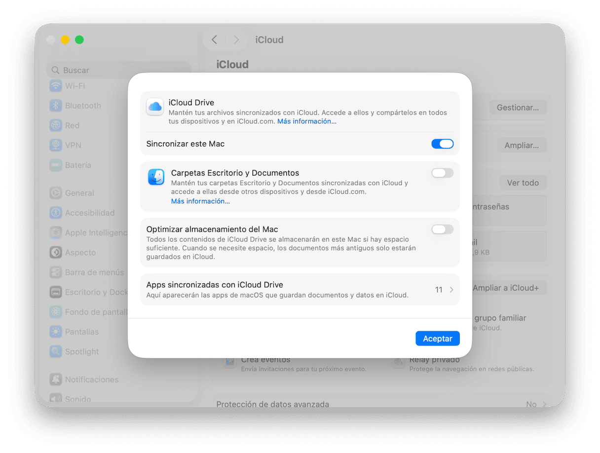 Desactiva la sincronizaci&oacute;n de iCloud para Escritorio y Documentos
