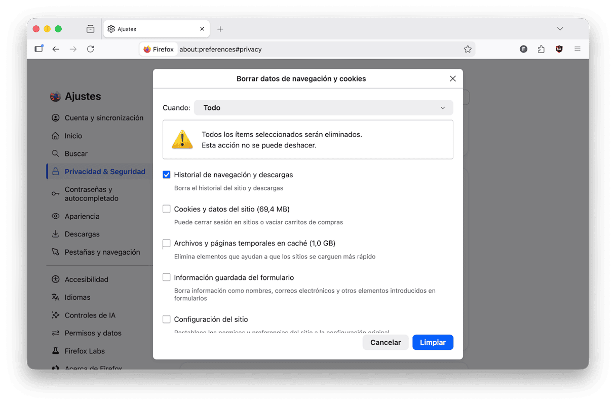 eliminar el historial de descargas en Firefox