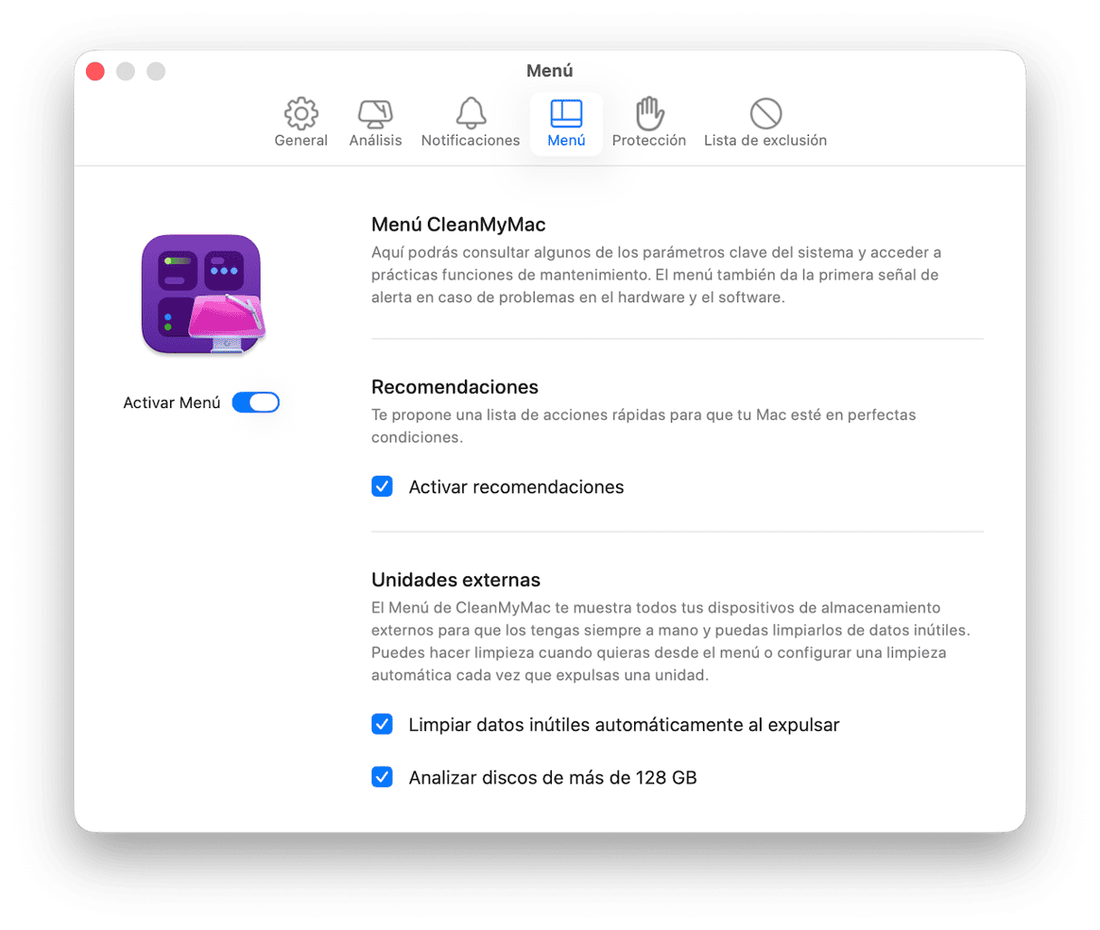 abre CleanMyMac y ve a Ajustes > Men&uacute; para activarlo