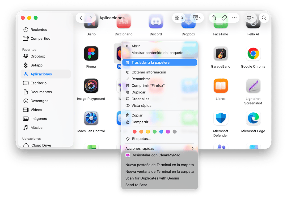 Ve a la carpeta Aplicaciones, encuentra Firefox y env&iacute;alo a la Papelera