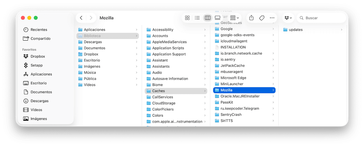 Busca la carpeta Mozilla en ~/Library/Caches y arr&aacute;strala a la Papelera