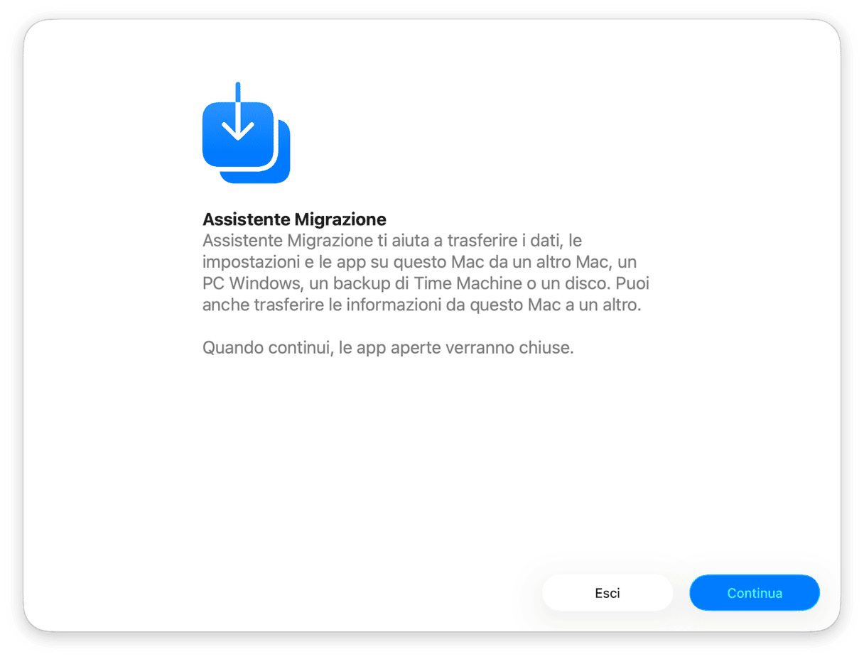 Usa Assistente Migrazione per trasferire i file da un Mac a un altro