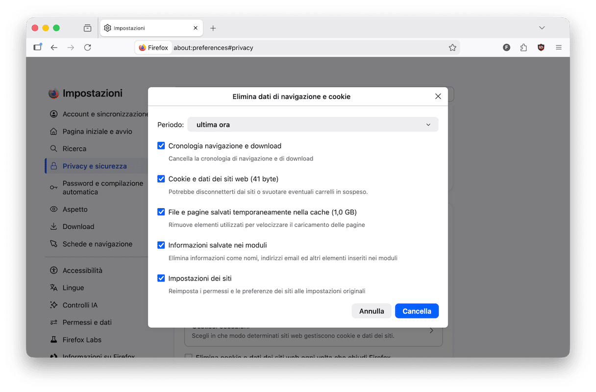 Seleziona le caselle accanto ai dati che vuoi eliminare