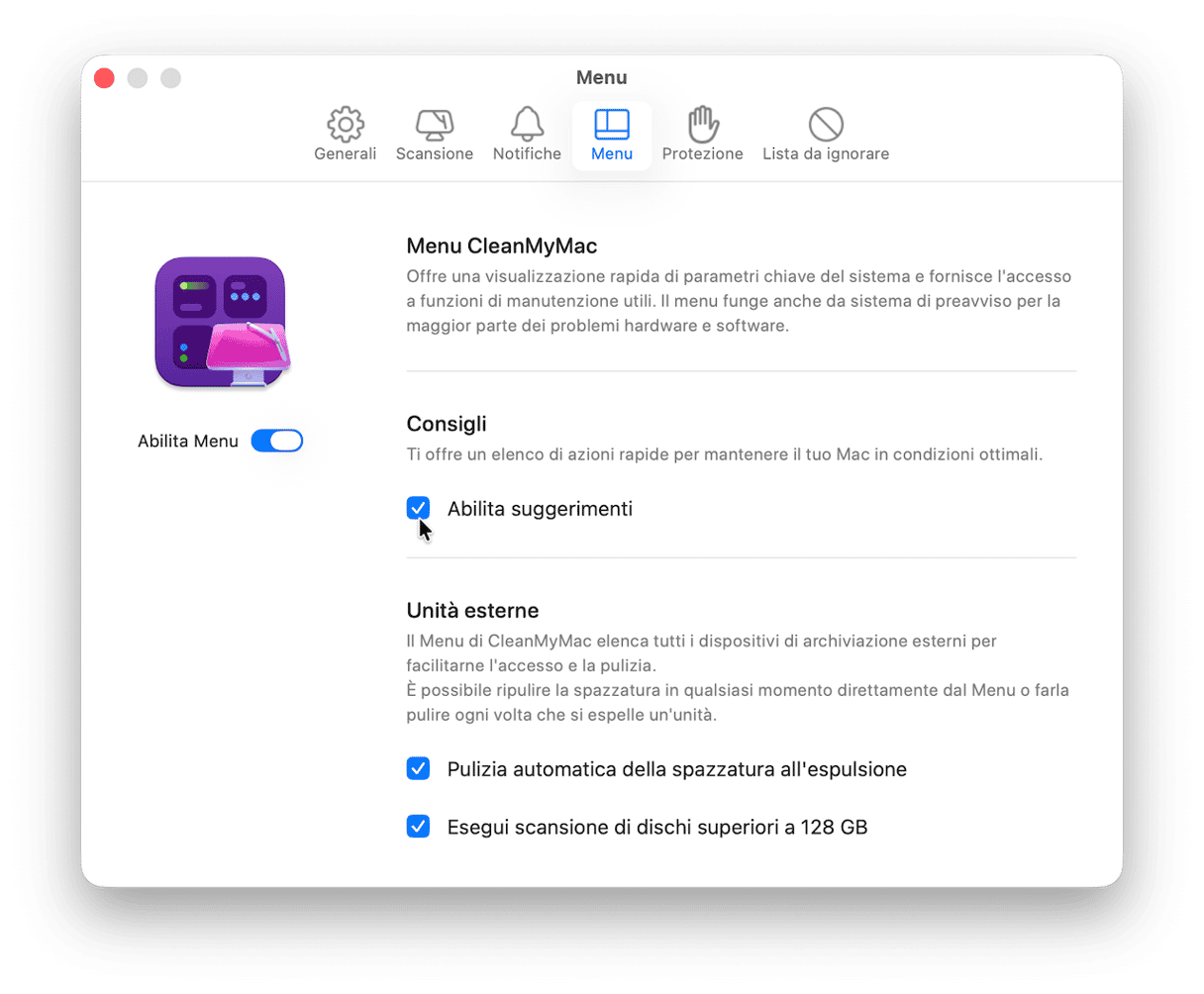 puoi attivare l'app Menu cos&igrave;: apri CleanMyMac e vai in Impostazioni > Menu
