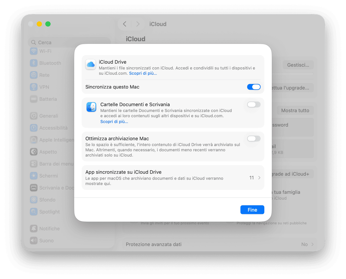 Disattiva la sincronizzazione di iCloud per Scrivania e Documenti