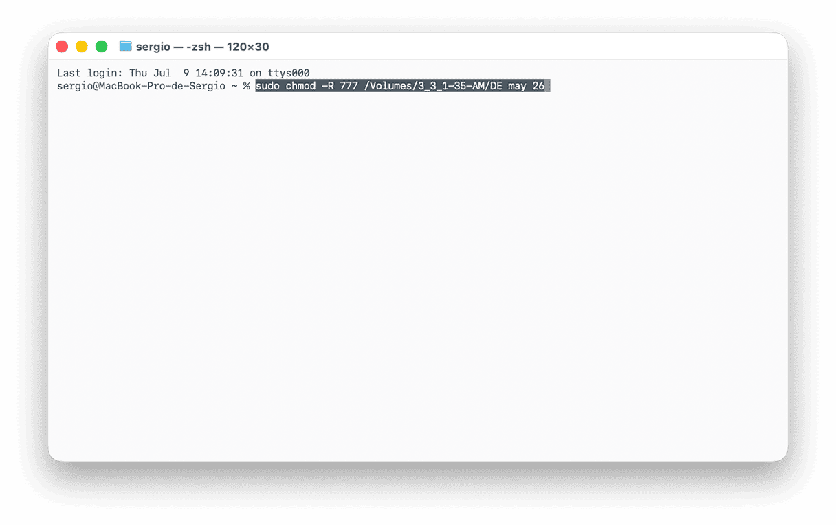 Inserisci questo comando: sudo chmod -R 777 /Volumes/YourDriveName/YourFolder