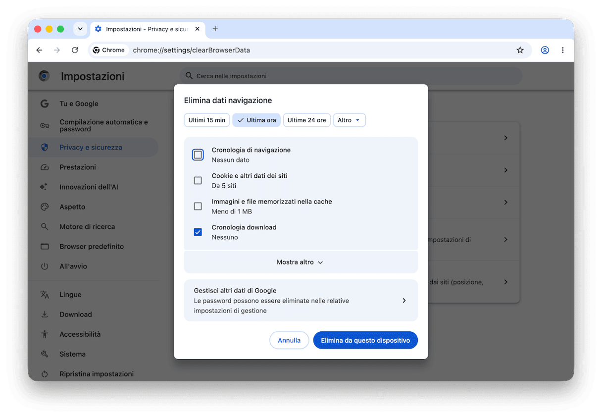 Pulisci la cronologia dei download del browser - Chrome