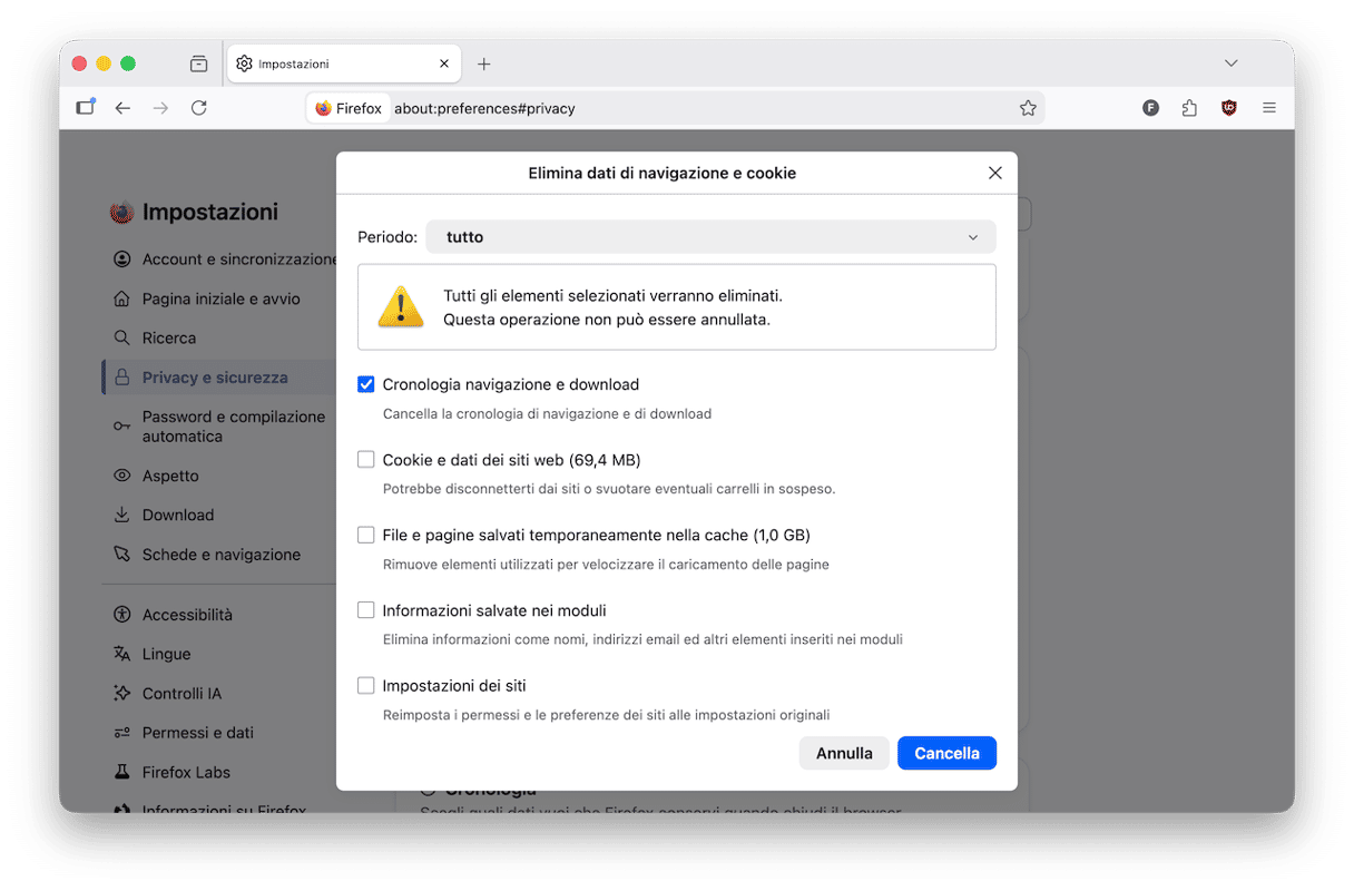 rimuovere la cronologia di download direttamente da Firefox