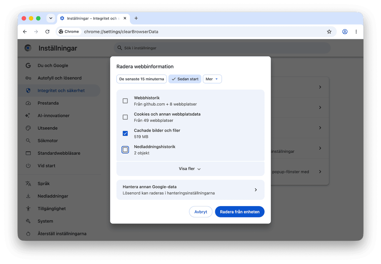 S&aring; t&ouml;mmer du cache i Chrome