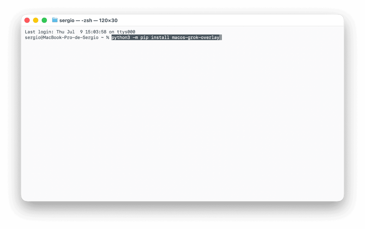 「ターミナル」を開いて、次のコマンドを貼り付けてから「Return」キーを押します：python3 -m pip install macos-grok-overlay