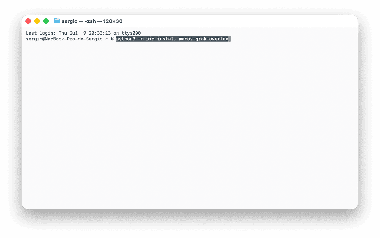 Open Terminal en plak het volgende commando erin waarna je op Return drukt: python3 -m pip install macos-grok-overlay