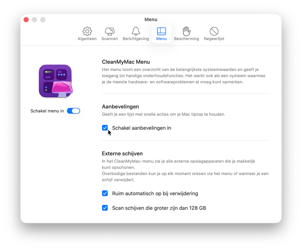 Als je het iMac-symbool niet in de menubalk ziet, open je CleanMyMac en ga je naar Instellingen > Menu om het in te schakelen