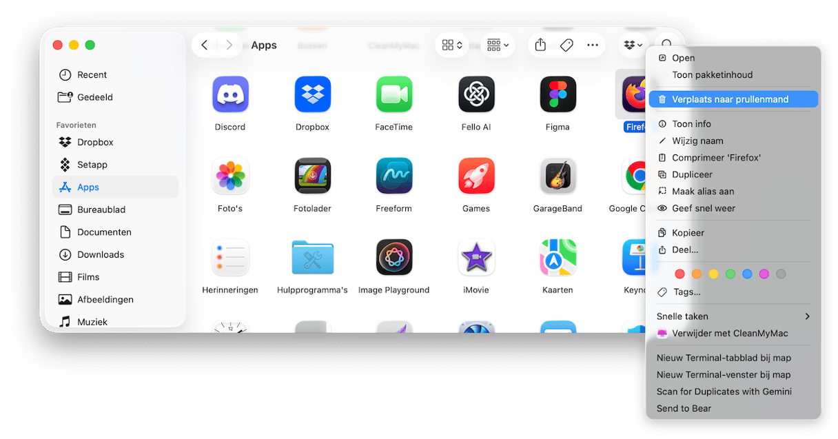 Ga naar je map 'Apps', zoek hier naar Firefox en stuur het naar de Prullenmand