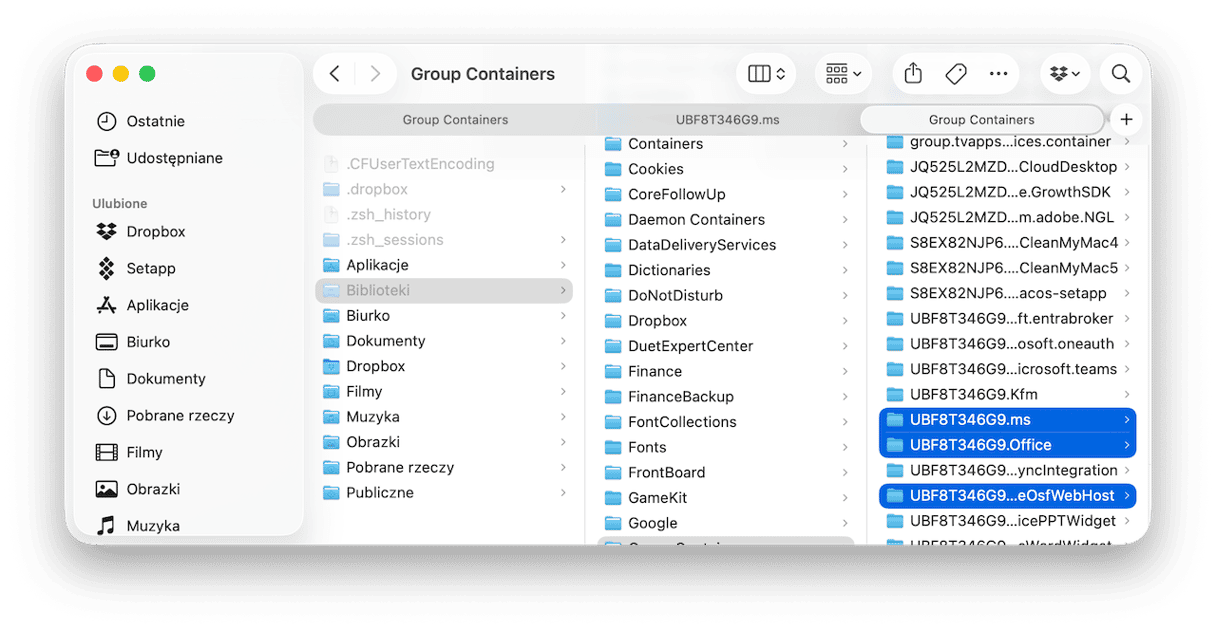 W oknie Findera kliknij strzałkę wstecz, wr&oacute;ć do foldera ~/Biblioteki i otw&oacute;rz folder Group Containers