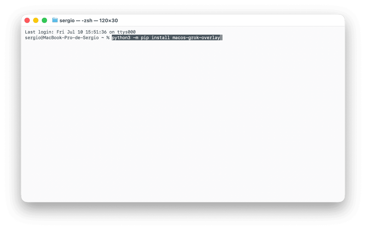 Terminal을 열고 다음 명령어를 붙여넣은 뒤 엔터 키를 누릅니다. python3 -m pip install macos-grok-overlay