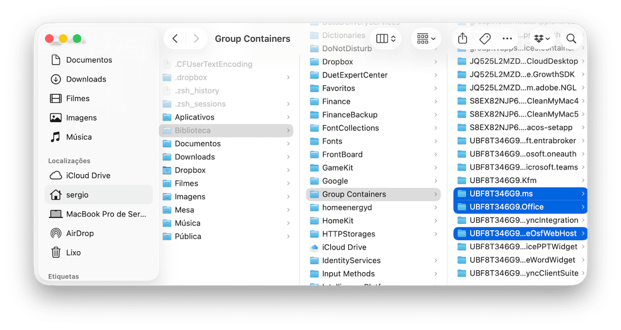 Na janela do Finder, clique na seta para voltar para ~/Biblioteca e abra a pasta Group Containers
