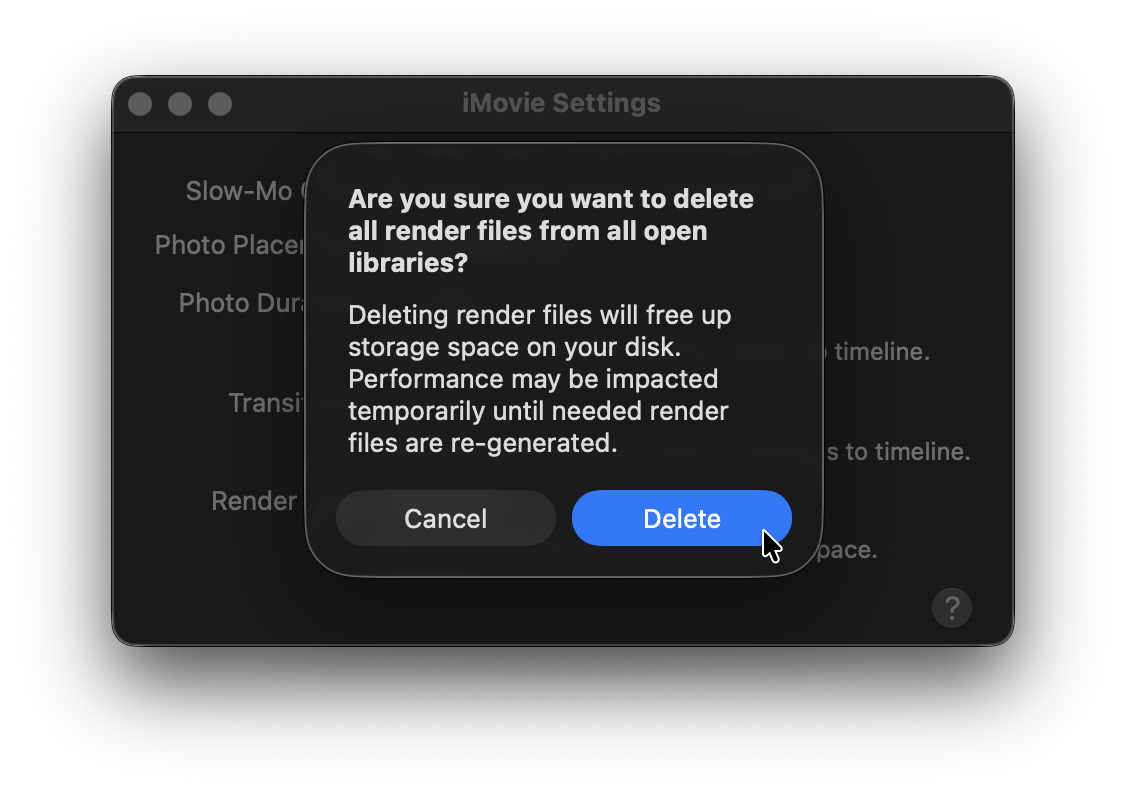 How to delete render files in iMovie