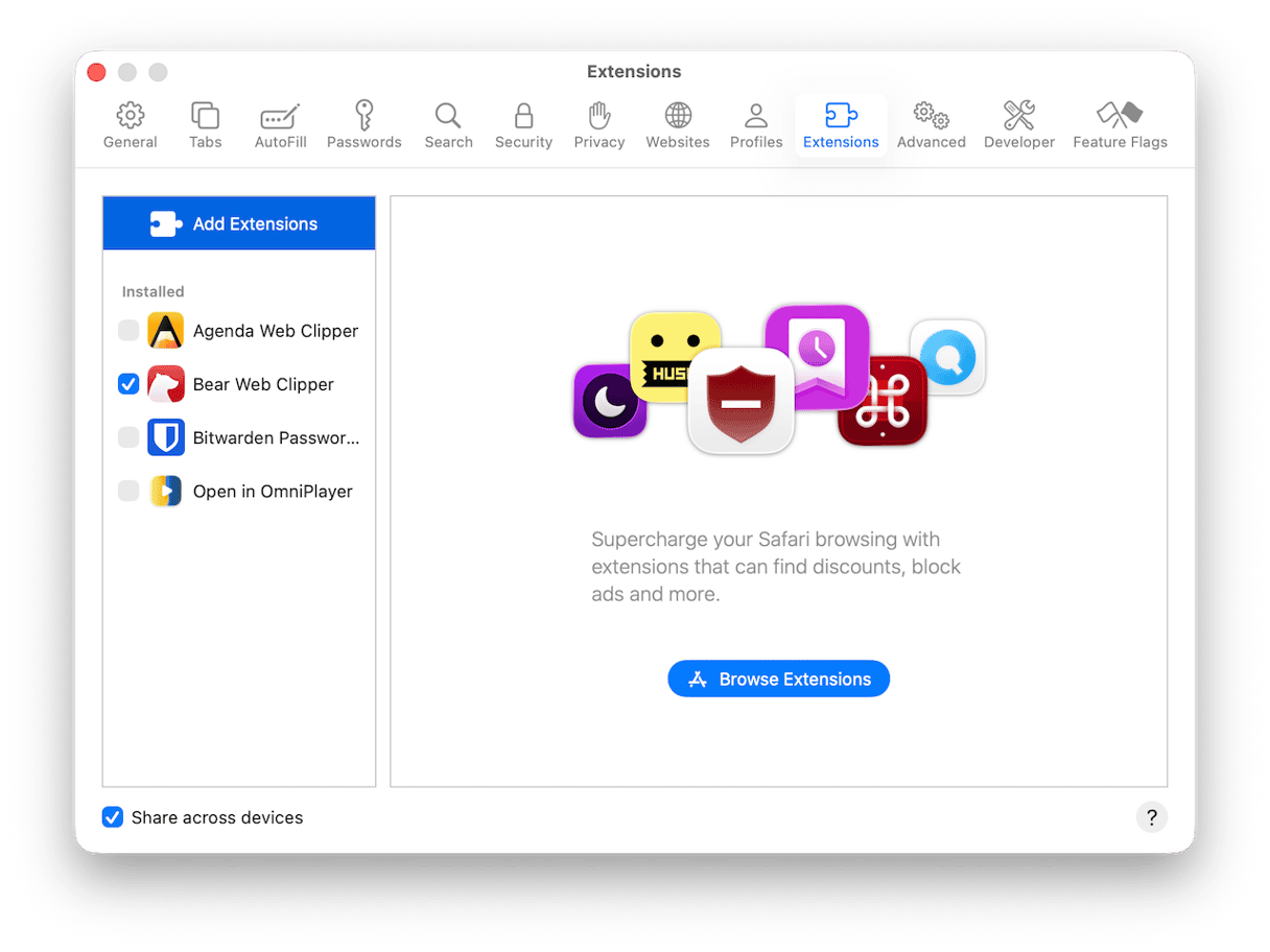 In Safari, click the Safari menu and choose Safari Extensions
