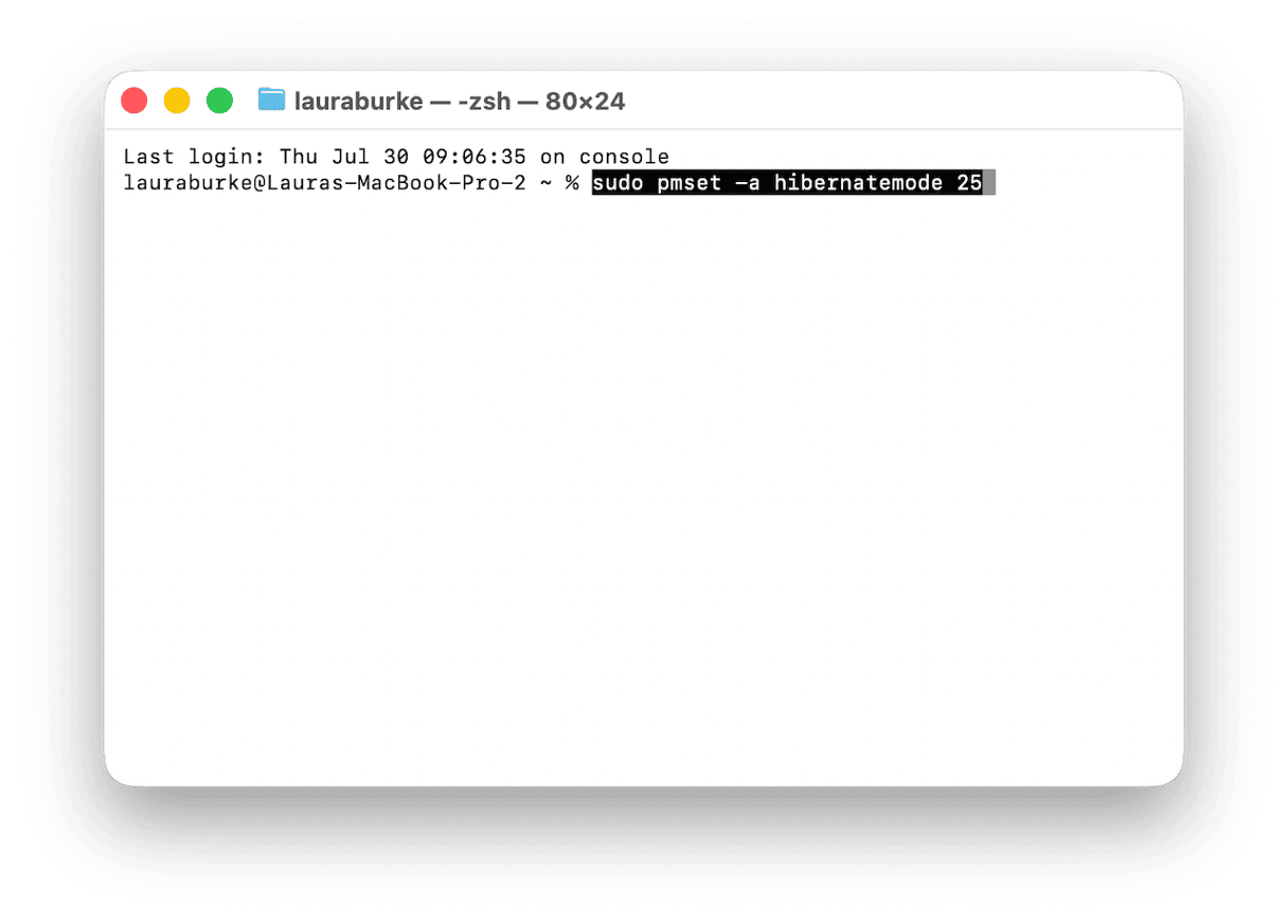 command: sudo pmset -a hibernatemode 25