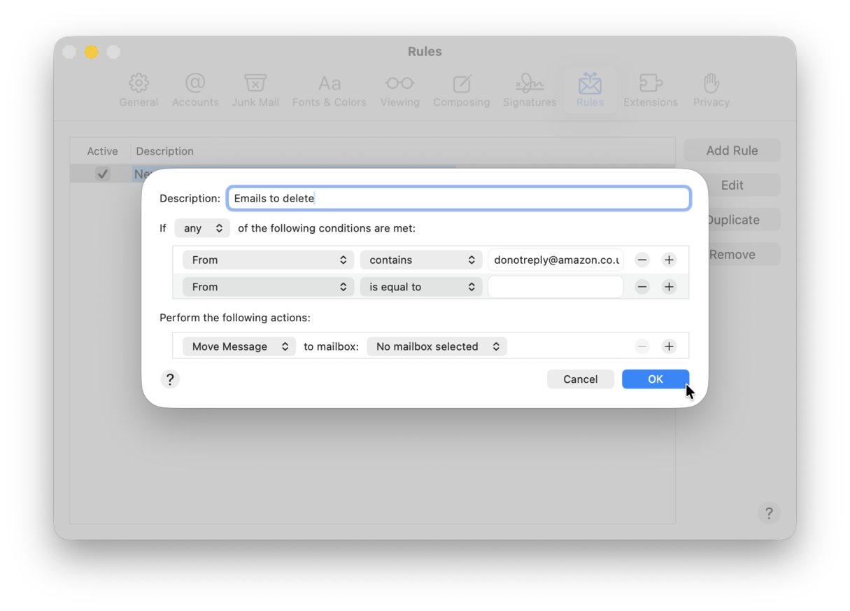 rules to delete emails automatically