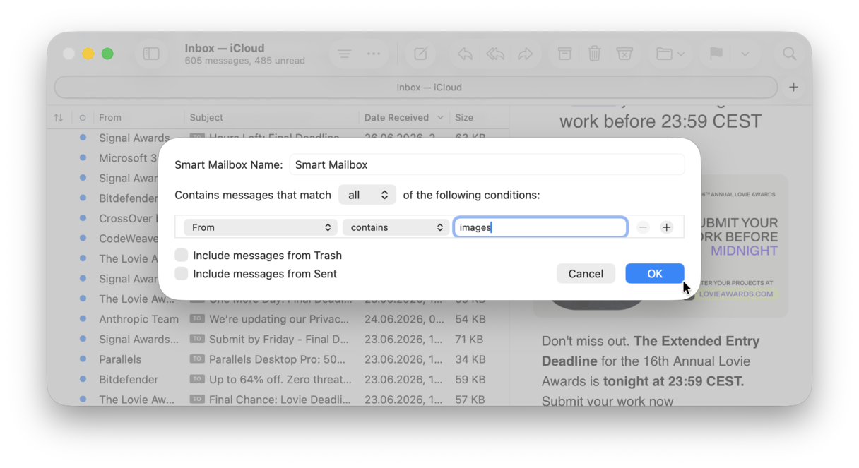 smart mailboxes to collect emails to delete