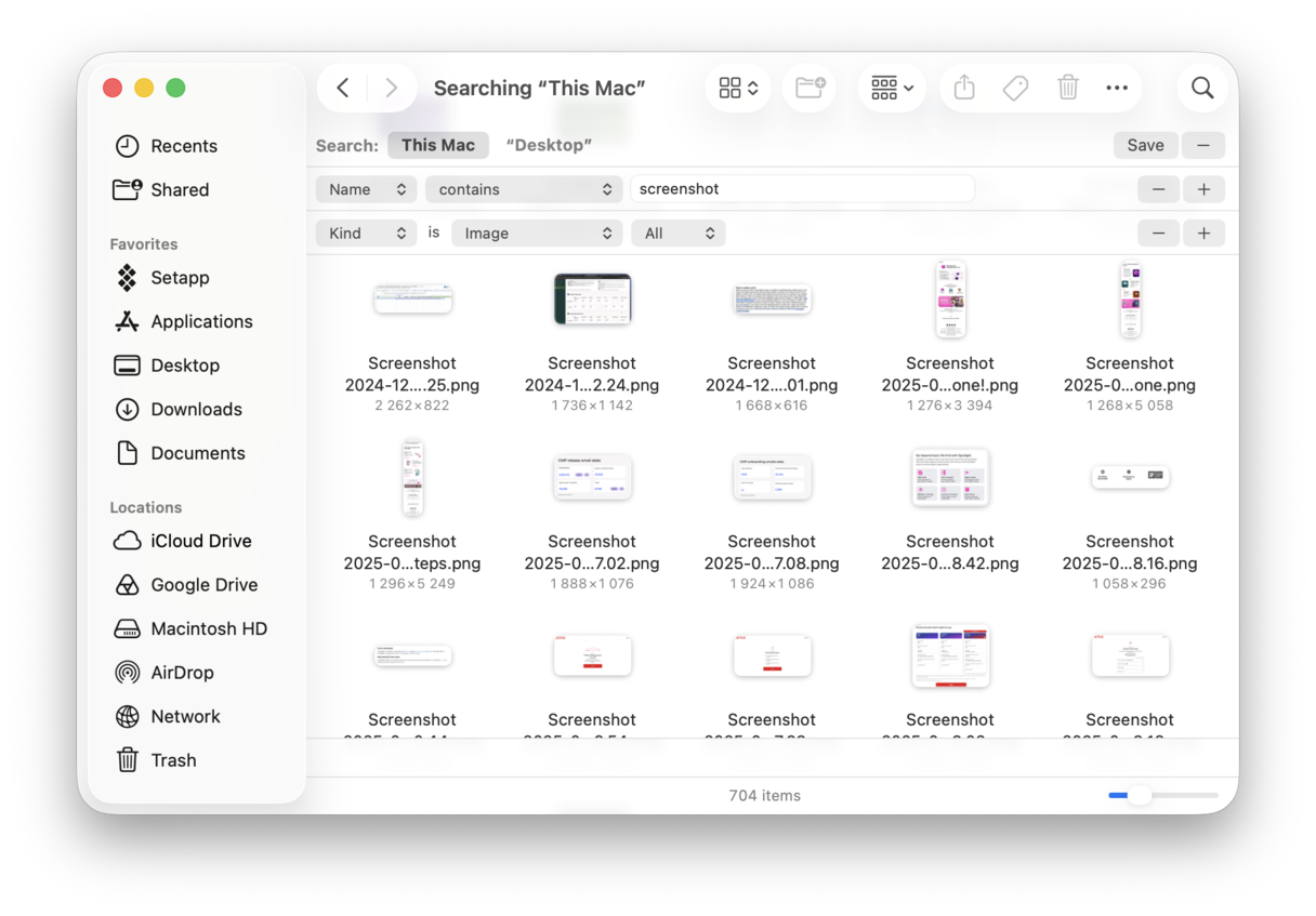 Filter screenshots by type in Finder