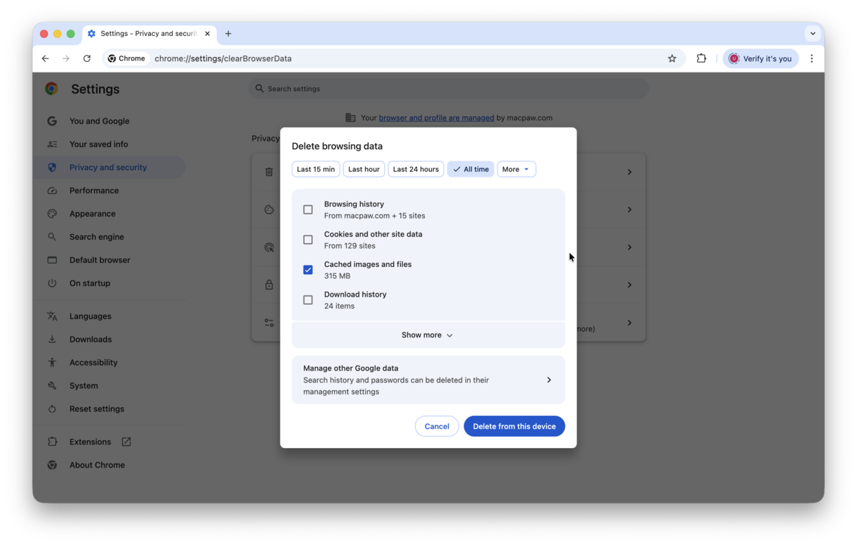 Emptying cache in Chrome