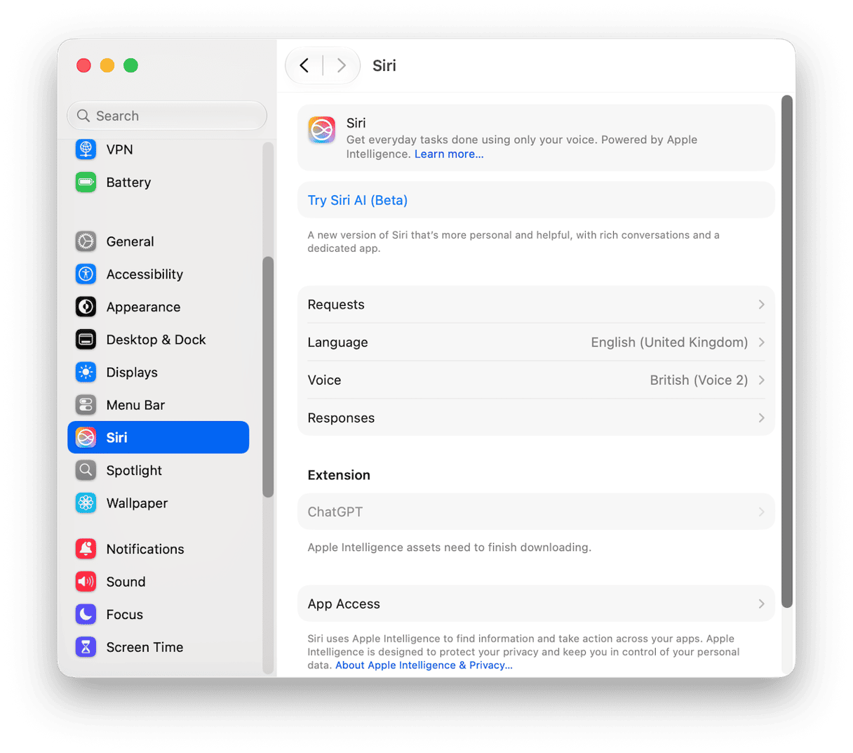 Siri Settings on Mac