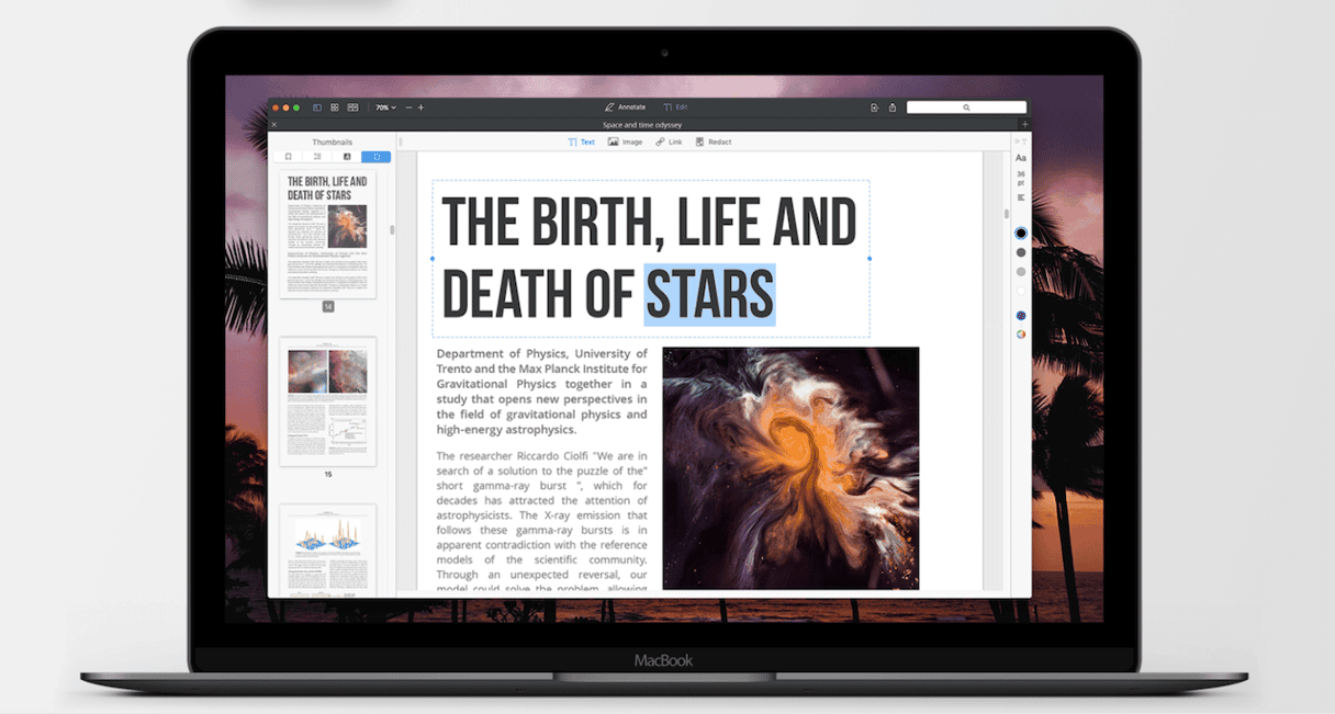 PDF editor app on MacBook showing an astrophysics document with text editing mode active and word 