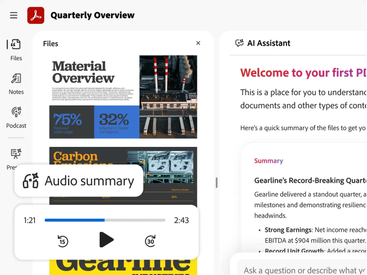 Adobe Acrobat AI Assistant panel summarizing a quarterly overview PDF document with audio summary playback controls and material overview slides visible