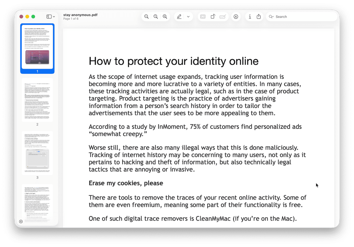 macOS Preview app displaying a six-page PDF document titled 