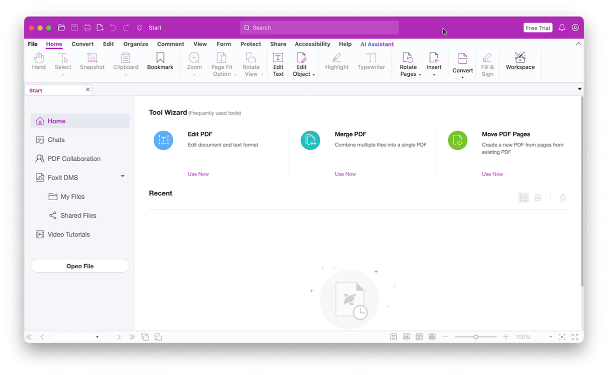 Foxit PDF Editor for Mac home screen showing Tool Wizard with Edit PDF, Merge PDF, and Move PDF Pages shortcuts alongside collaboration and file management sidebar