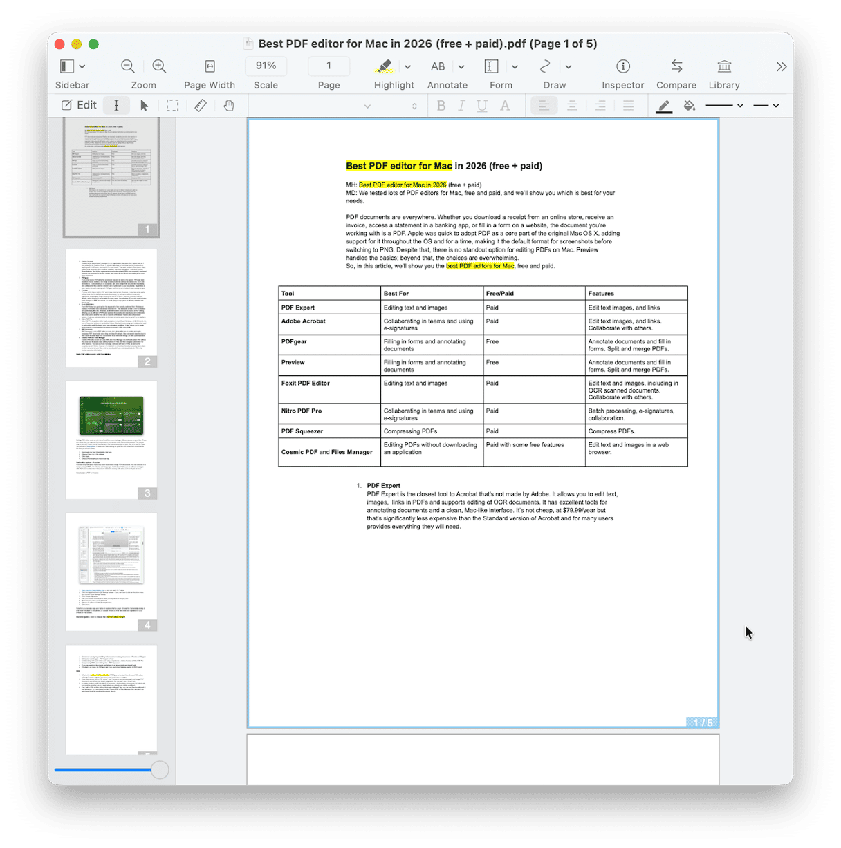 PDF Expert app on Mac displaying a comparison article about the best PDF editors for Mac in a five-page document with annotation and editing toolbar