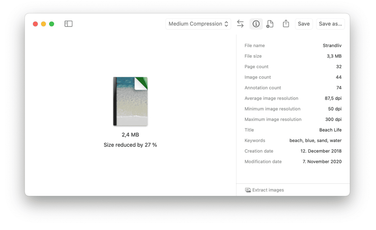 PDF Squeezer app on Mac showing medium compression results reducing a 32-page beach photo PDF from 3.3 MB to 2.4 MB, a 27% file size reduction