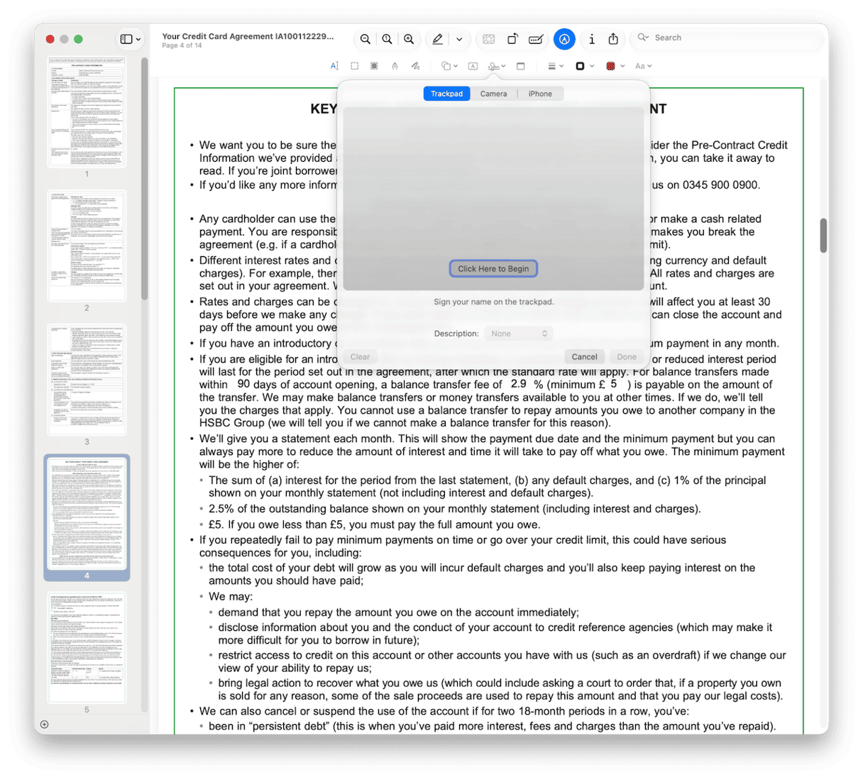macOS Preview app displaying a credit card agreement PDF with a signature dialog open showing trackpad, camera, and iPhone signing options