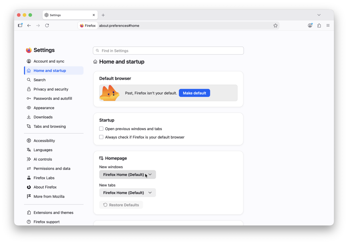 How to change homepage in Firefox