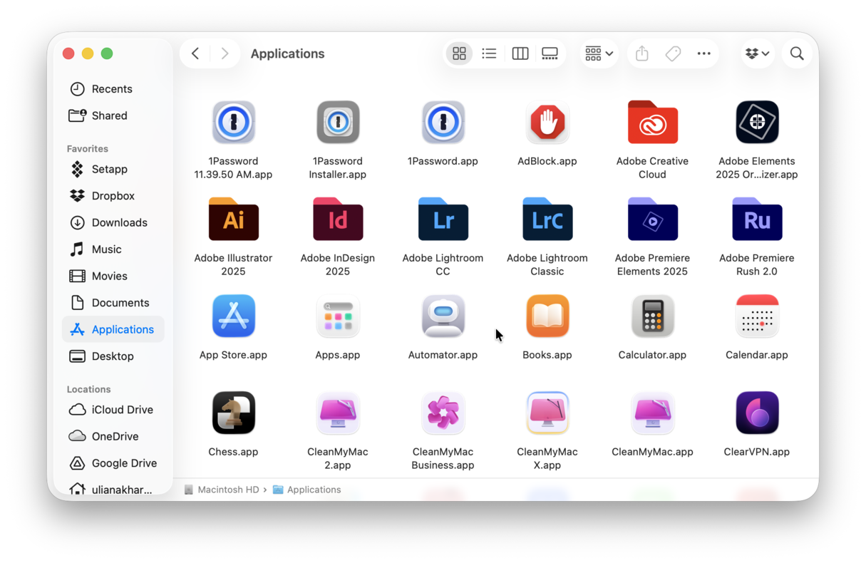 Applications folder on Mac