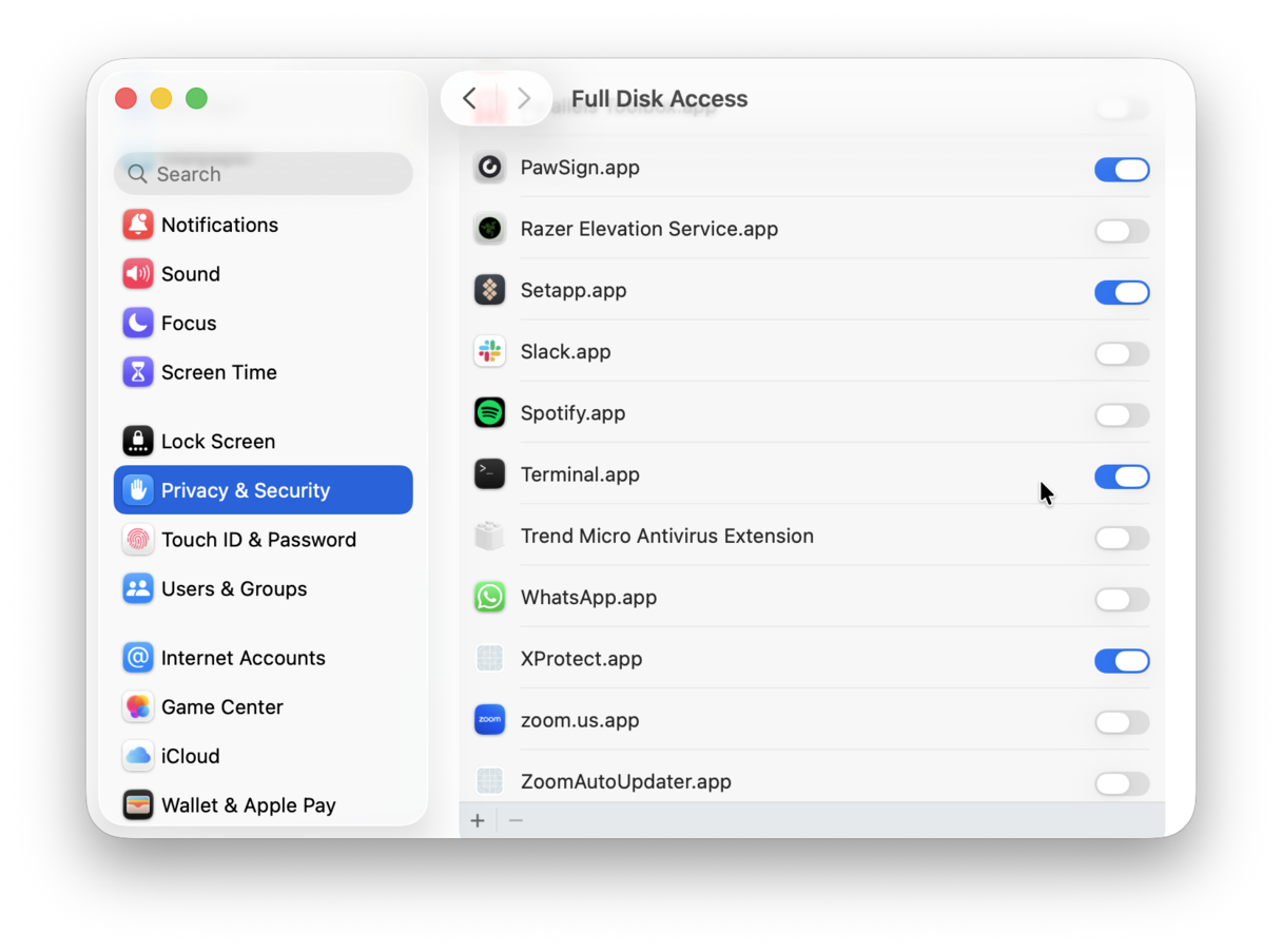 Grant Full Disk Access permissions to Terminal