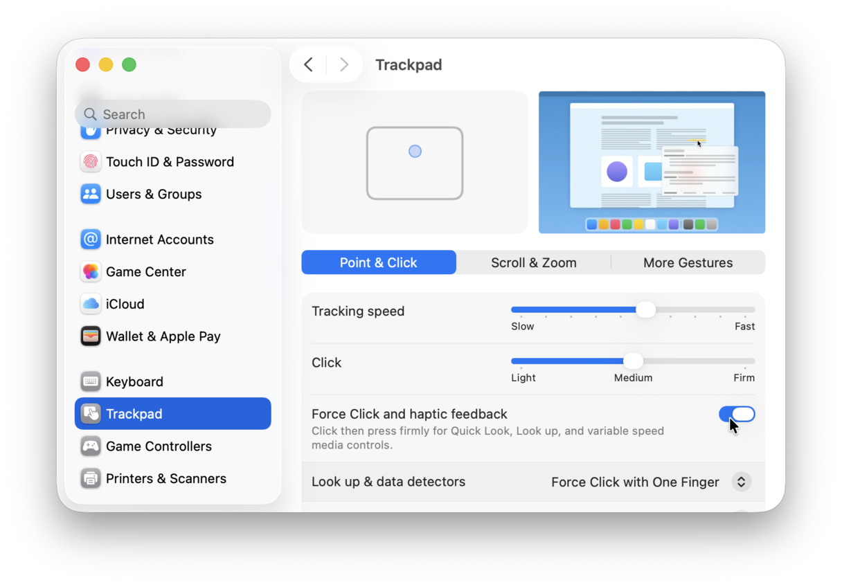 Trackpad settings on Mac