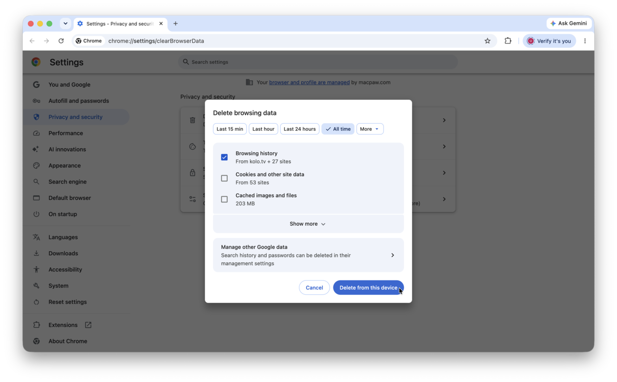 Clear entire browsing history in Chrome